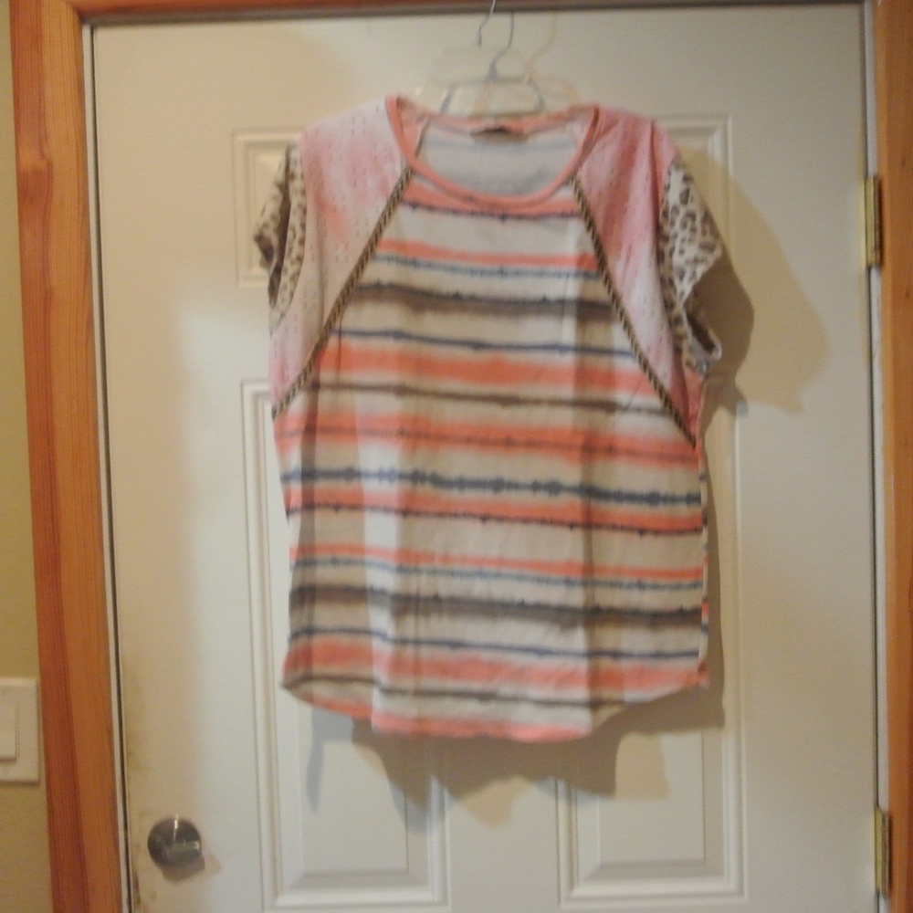 Womens white, pink, striped shirt with leopard